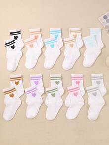5 Pairs Kids White Random Striped & Heart Pattern Elastic Soft Socks, Suitable For Daily Wear And Sports, Versatile Casual, Breathable & Comfortable, Fit For 1-14 Years Old Children And Teenagers - Multicolor - View 3