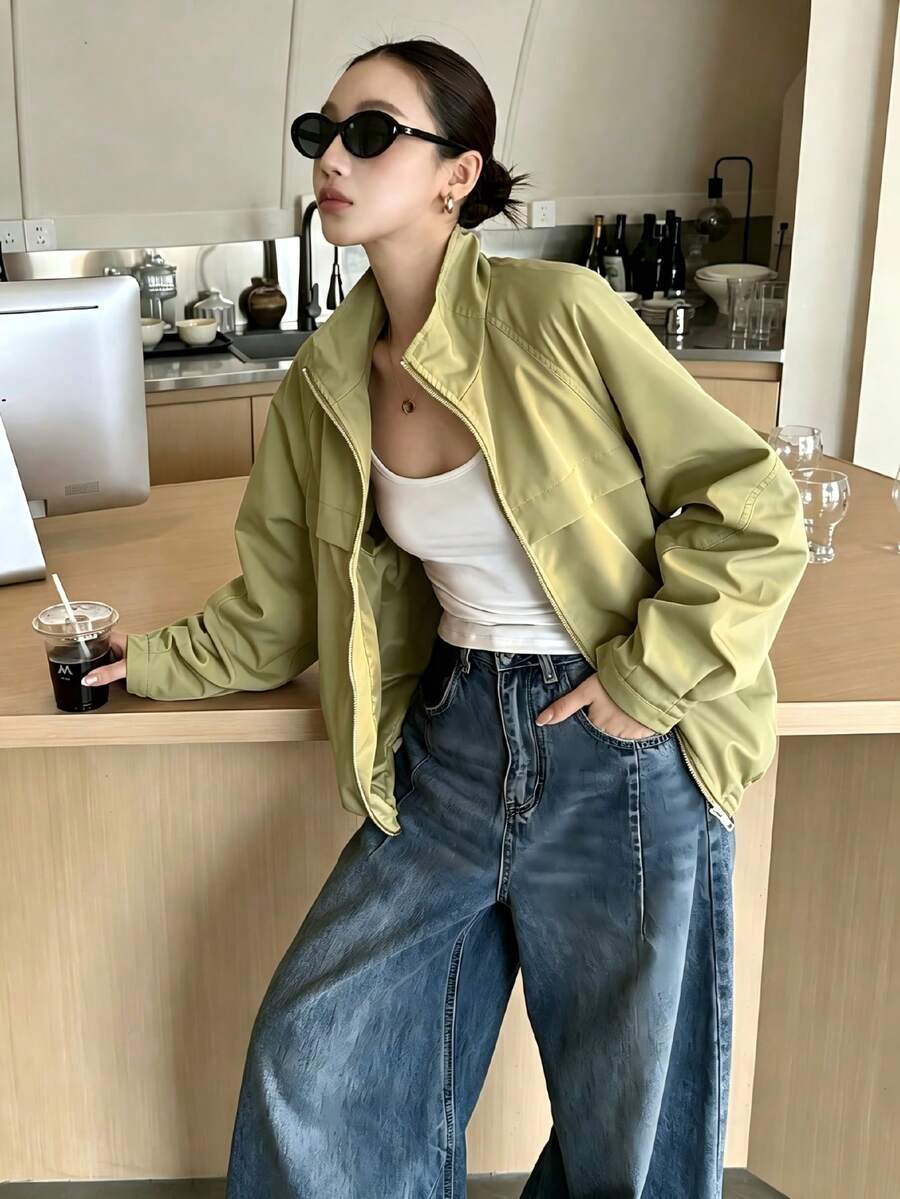 Women's Autumn Zipper Raglan Sleeve Jacket Short Outerwear Fashion Stand Collar Commute Vacation Sports Preppy Style Women