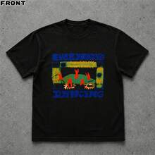 Cotton Retro Art Street T-Shirt, Everybody's Dancing Letter Cartoon Print, Short Sleeve Tee For Casual Creative Daily Wear - Black - View 3