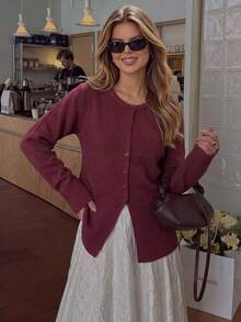 Autumn Women Round Neck Knit Cardigan Long Sleeve Button Front Split Hem Burgundy Slim Casual Festival Outfit - Red - View 6