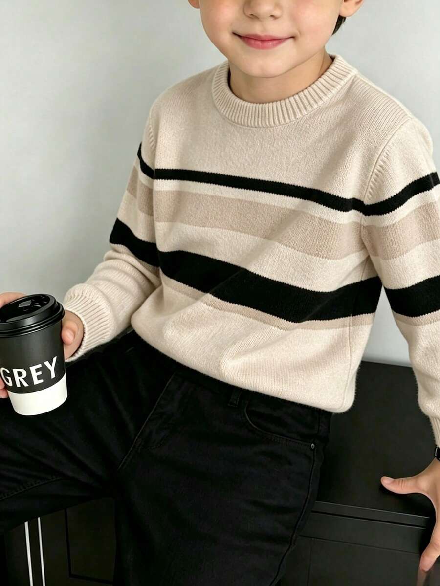 Boys Beige Color Block Striped Crew Neck Knit Sweater, Casual Long Sleeve Knit Pullover, Autumn/Winter Children's Warm Top - Apricot - View 1