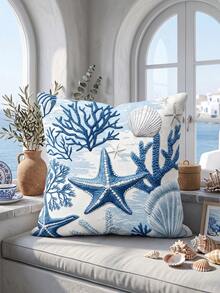 1/2pcs Fashion Coral Coast Style Pillowcase, Single-Sided Print, Breathable & Anti-Pilling, Comfortable & Cozy, Machine Washable, Suitable For Sofa And Car Pillows, 45*45/50*50CM, Living Room Sofa Decoration, Summer, Back To School Season - Multicolor - View 6