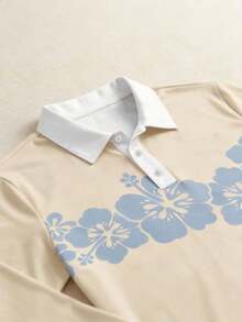 Men's Vacation Style Light Apricot Floral Print Long Sleeve Polo Shirt - Multicolor - View 5