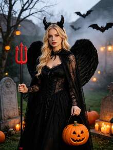 3pcs Halloween Devil Horns & Wings Set, Includes Wings, Devil Horns Headband, Devil Pitchfork, Halloween Party Devil Costume Accessories, Holiday Photo Props, Suitable For Halloween Party Decoration, Costume Party Props, Holiday Performance Props - Multicolor - View 2