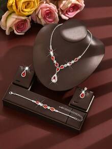 Luxury Elegant Water Drop V-Shaped 3 Pieces Jewelry Set, Fashion Design Bridal Wedding Evening Party Ball Accessories - 1786 - View 3