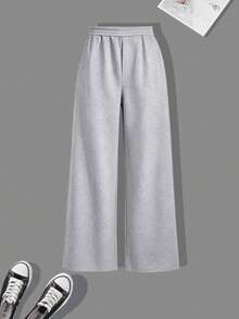 Teen GirlFashion Versatile College Style Half-Zip Letter Print Sweatshirt With Loose Wide Leg Pants, 2-Piece Set For Autumn/Winter Daily Wear - Navy Blue - View 5