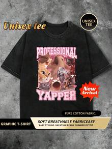 Wash-Effect Cat Theme Print Loose Round Neck Short Sleeve Women Casual Tee Winx Anime Clothing - 黑色 - 查看 1