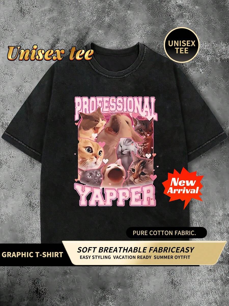 Wash-Effect Cat Theme Print Loose Round Neck Short Sleeve Women Casual Tee Winx Anime Clothing - 黑色 - 查看 1