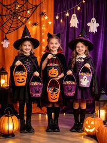 Kids Halloween Trick Or Treat Felt Bucket, Mini Pumpkin Ghost Bat Candy Hand Bag, Child Halloween Party Candy Storage Basket - Multicolor - View 4