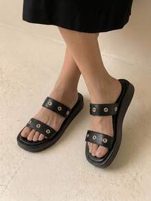 HighSole Spring And Summer New Metal Rivets Double With Open Toes Thick Bottom Black Personalized  Sandals Women Wear Shopping Travel Versatile - Black - View 1