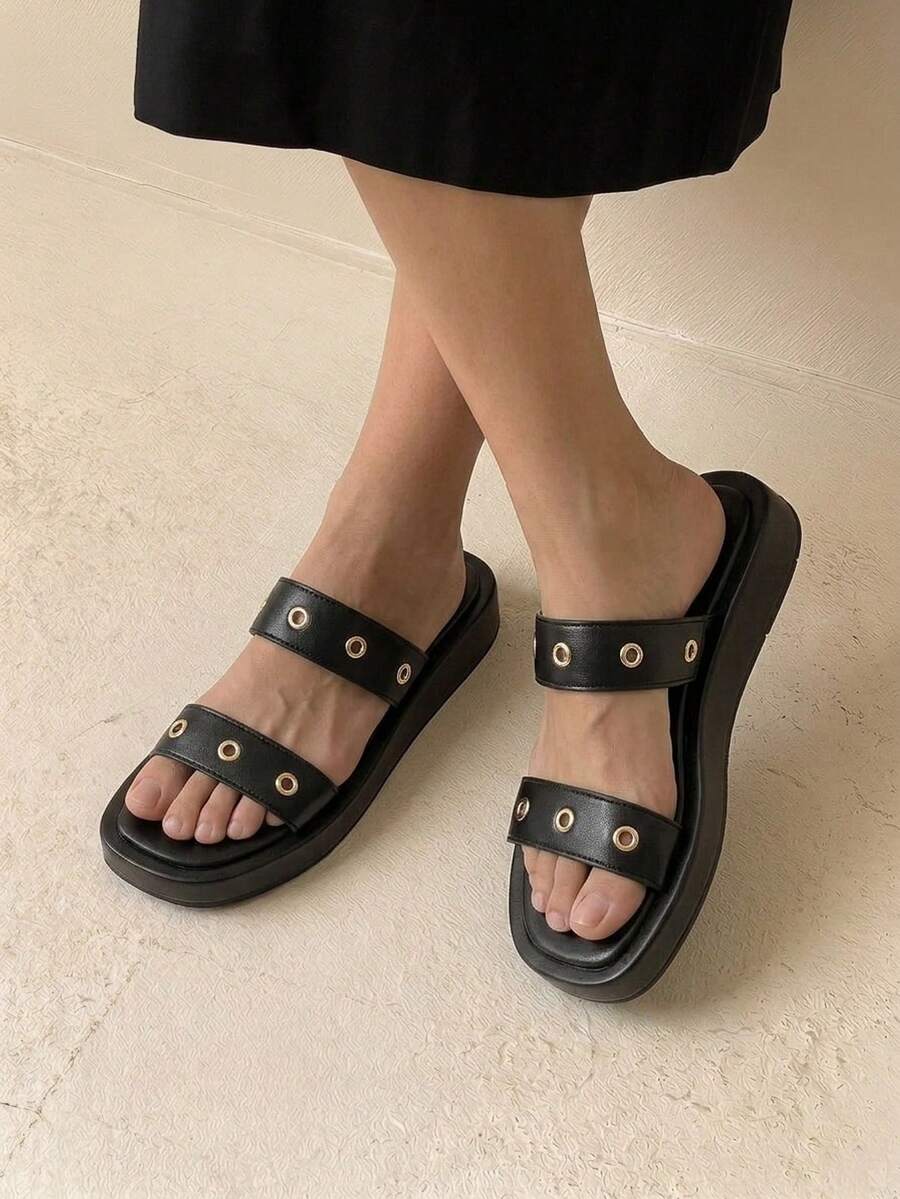 HighSole Spring And Summer New Metal Rivets Double With Open Toes Thick Bottom Black Personalized Sandals Women Wear Shopping Travel Versatile - Black - View 1