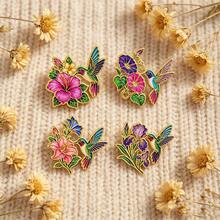 Colorful Hummingbird Flower Enamel Brooch Pin Vintage Bird Floral Lapel Badge Jewelry Accessory For Women Men Jacket Backpack - Gold - View 6
