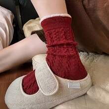 4 Pairs Mixed Random Colors Autumn/Winter Floor Socks, Warm Mid-Calf Cable Knit Vintage Red Christmas Socks - Multicolor - View 4