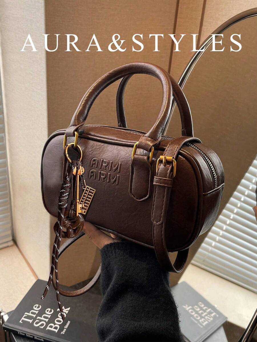 Women's Textured Crossbody Bag With Doll Charm, Large Capacity Boston Mom Bag, New Autumn/Winter Style, All-Season Commuter Handbag - Coffee Brown - View 1