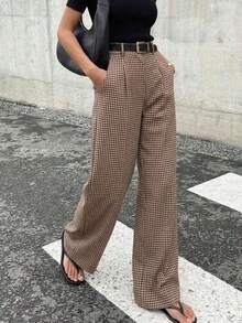 Pantalones largos de otoño Pantalones rectos de cintura alta con estampado de cuadros vintage para mujer, pantalones casuales holgados de pierna rect - Multicolor - Ver 5