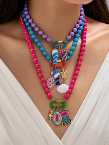 OABE Bohemian Style Summer Beach Vacation Dopamine Beaded Necklace With Fish/Shell/Enamel Multi-Element Pendant, Suitable For Women - Multicolor - View 6