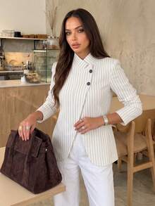 Women's Spring/Summer Striped Casual Blazer, Vintage Elegant, Professional Confident Workplace Style, Unlined White Fall - White - View 2