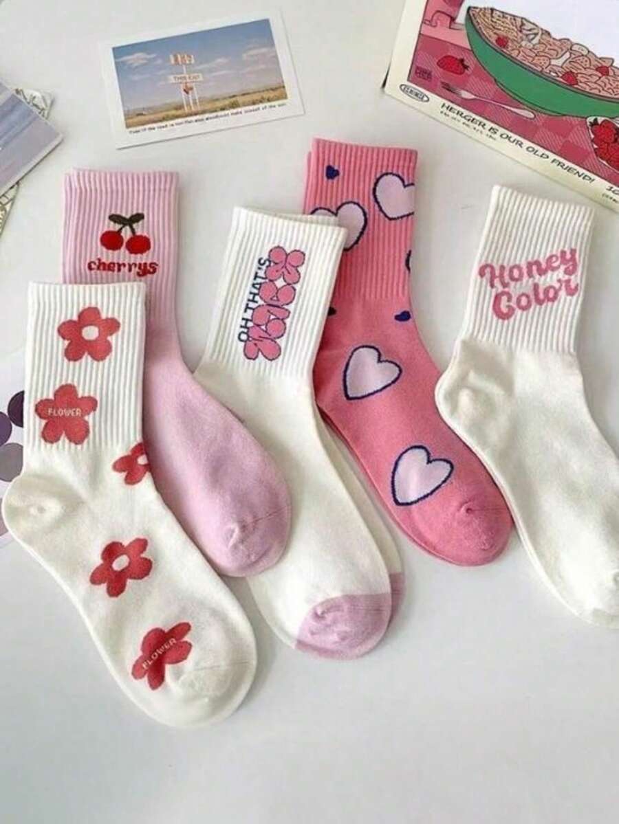30/20/10/5 Pairs Pink Cute Flower Heart Letter Casual Mid-Calf Socks, Simple Versatile Ins Women's Socks, Suitable For Daily, Outdoor Wear With Canvas Shoes, Sports Shoes - Multicolor - View 1