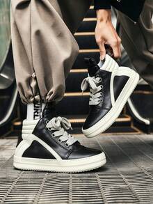 Men's High-Top Platform Sneakers Chunky Skate Shoes Retro Casual Walking Trainers With Easy-Clean Leather, Unisex Couple Style, Back To School Streetwear Essential - 黑色 - 查看 4