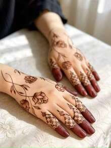 Reusable Self-Adhesive Nail Art Stencils - Floral Pattern Stencil Stickers, Perfect For DIY Body Painting, Parties And Events, Also Suitable For Handicrafts, Reusable, Mehndi Designs - Black - View 2