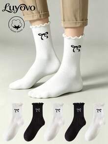 5 Pairs Of Men's Mid-Calf Crew Cotton Socks,Breathable,Moisture-Wicking,High Elastic,All Season Comfort,Black/White Random Mix For Sports/Daily/Casual - Multicolor - View 1