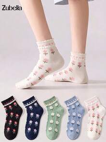5雙女款甜美花卉與愛心圖案短襪，休閒蕾絲拼接中筒襪，柔軟透氣，適合四季穿著 - 彩色 - 查看 7