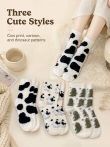 Soft And Comfortable Plush Socks Featuring Various Patterns, Including Cow Prints And Cartoon Dinosaurs; These Soft, Fluffy, And Cozy Indoor Socks Are Perfect For Lounging At Home Or In The Dorm, As Well As For Autumn, Winter, And Everyday Wear. - Multicolor - View 3