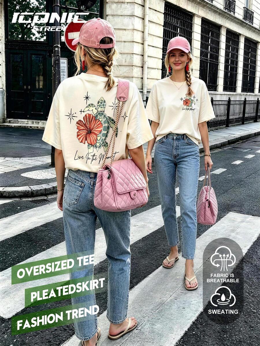 大尺碼女款圓領短袖T恤，海龜與花卉印花，休閒夏季款 - 杏色 - 查看 1