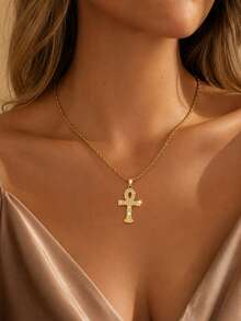 2pcs/Set Women's Vintage Premium Gold-Plated Layered Necklace, Sparkling Single Diamond & Rhinestone Ankh Life Symbol Cross Pendant, Egyptian Style Amulet Collarbone Chain, Versatile For Daily Wear - Gold - View 7