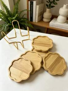 6 Coasters + 1 Holder, Bamboo Coaster Set, Minimalist Creative Design, Suitable For Coffee And Tea Cups, Rounded Edges, Natural Wood Color, Can Be Used As Kitchen And Dining Table Decor, Exquisite Desktop Decoration. - Multicolor - View 12