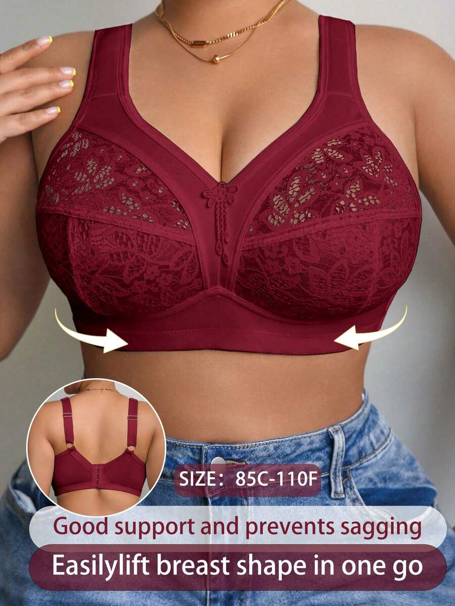 Plus Size Women's Wireless Bra, Breathable Non-Slip Lace Patchwork Push-Up With High Support, Adjustable Straps, Seamless For Daily Wear And Various Occasions