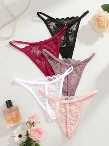 Rosiemei 5pcs/Plus Size Women's Sexy Lace Thongs T-String Design Low Rise Underwear - Multicolor - View 6
