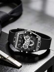 GUESS Men's Matte Black Barrel-Shaped Multifunction Quartz Watch, Black Soft Silicone Strap, GW0203G3 - one-size - View 4