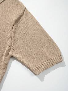 Men's Neutral Polo Collar Knit Sweater, Daily Commute Casual Versatile Solid Color Old Money Business Loose Short Sleeve Knit Top, Spring/Summer - Khaki - View 8