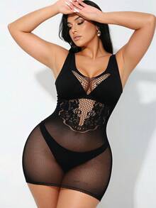 Gaun Lingerie Seksi Desain Berongga untuk Wanita Ukuran Plus - Hitam - View 4