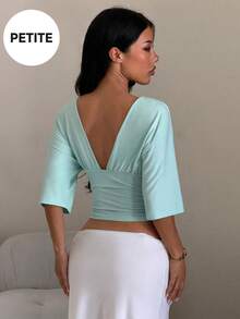 Soulscape Women's Elegant Vacation Casual Deep V-Neck Top For Petite Summer - Light Blue - View 9