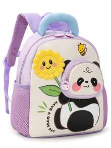 1pc Lightweight Contrast Color Panda Print Cute Backpack, Casual Student Backpack - Purple - View 9