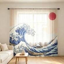 2件組日式大浪透視窗簾，浮世繪海洋波浪與船隻印花薄紗窗簾，濾光穿桿式窗簾，適用客廳臥室居家裝飾 - 彩色 - 查看 6