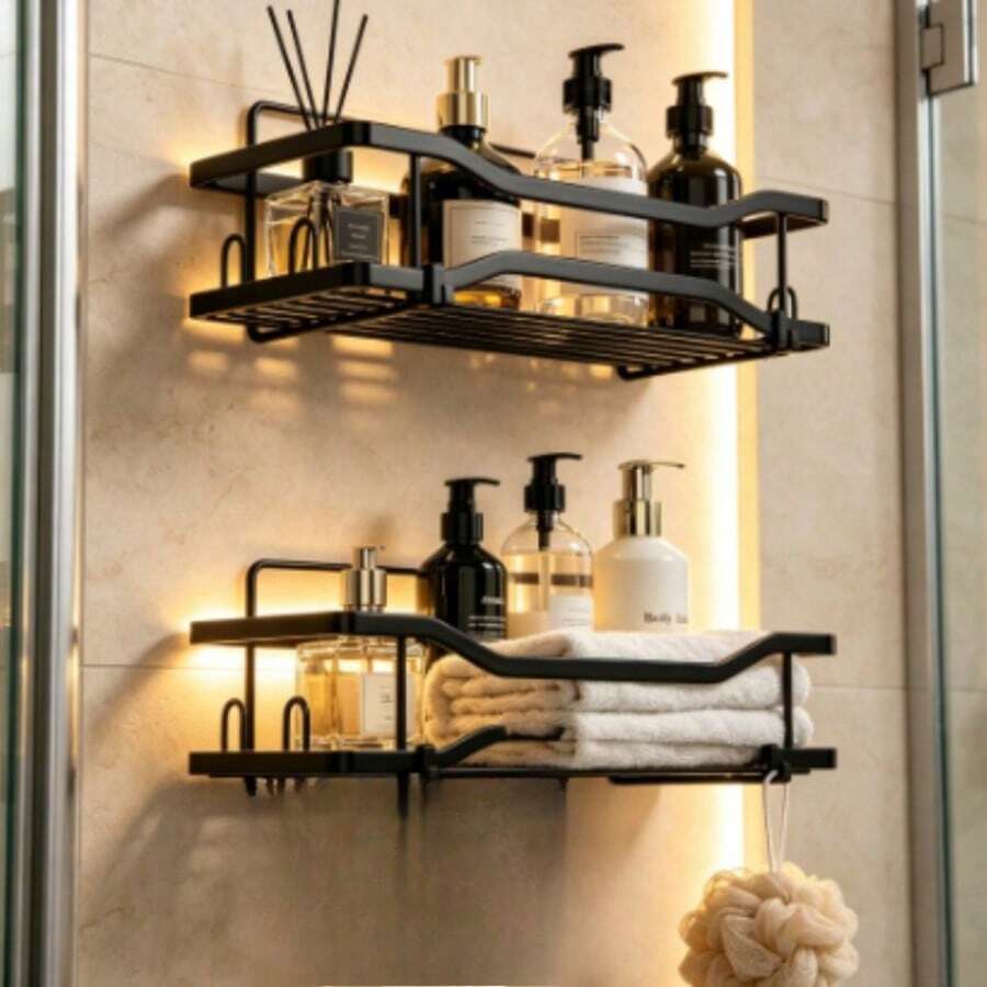 Wall-Mounted, No-Drill, Metal Rack, Bathroom Shower Storage Shelf, Towel Storage Rack, Black Iron Organizer - Black - View 1