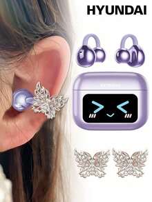 Earphone Bluetooth Jepit HYUNDAI M100 dengan Aksesori Kupu-kupu, Layar Warna Multifungsi dengan Kontrol Sentuh Cerdas, Panggilan HD Peredam Kebisingan HiFi, Musik, Bermain Game, Daya Tahan Baterai Lama, Tidak Perlu Tindik, Hadiah Perhiasan Telinga Modis untuk Wanita - Anting Kupu-kupu Multiwarna + Emas Mawar - View 2