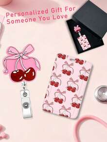 Pink Cherry Bow Pattern Business Card Holder With Expandable Badge Holder, Id Name Tag, Worker Badge, Mountaineering Buckle Holder Couple, Birthday Gift, Nurse Day, Back To School, Easter - Multicolor - View 7