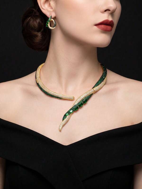 2pcs/1set Luxury Gold Snake-Shaped Necklace & Earrings Set, Green Crystal Rhinestone Bridal Wedding Party Jewelry