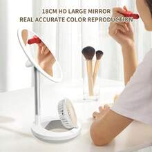ALUSHEE 18cm HD Makeup Mirror With Built-In Fan, 3-Color Light Stepless Dimming, 3-Speed Adjustable Fan, Rechargeable Desktop Vanity Mirror, Suitable For Summer Makeup Use - Multicolor - View 4