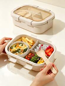 1pc Lunch Box With Utensils - Square Microwave Food Container, Hand Washable - Perfect For School Lunch, Kitchen Storage And Accessories, Suitable For Light Meals, Work, School, Outdoor Trips. Compartment Lunch Box - Multicolor - View 1