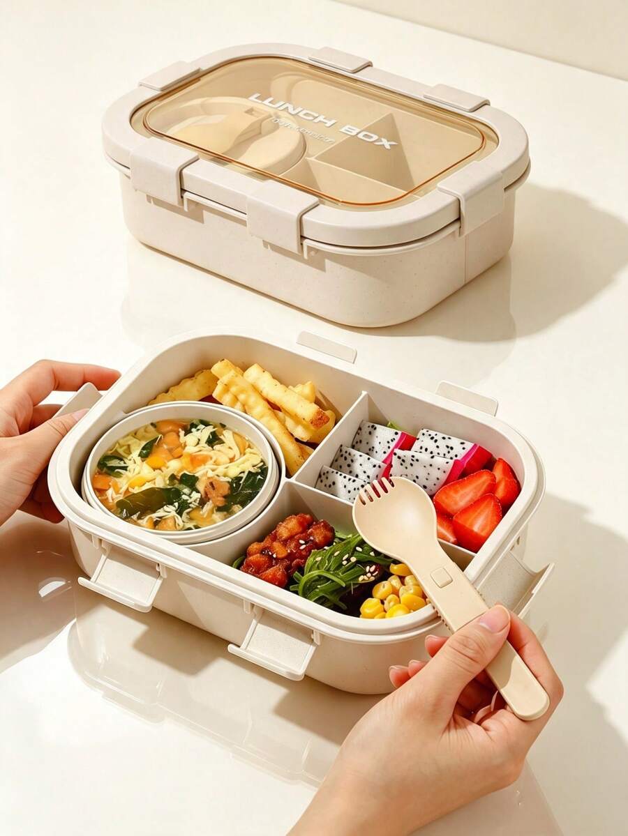 1pc Lunch Box With Utensils - Square Microwave Food Container, Hand Washable - Perfect For School Lunch, Kitchen Storage And Accessories, Suitable For Light Meals, Work, School, Outdoor Trips. Compartment Lunch Box - Multicolor - View 1