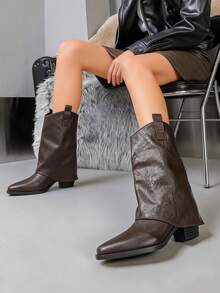 European Style Pointed Toe Ruched Stacked Ankle Boots Women's Autumn/Winter New Vintage Versatile Chunky Heel High Heel Riding Boots Boots - Coffee - View 8