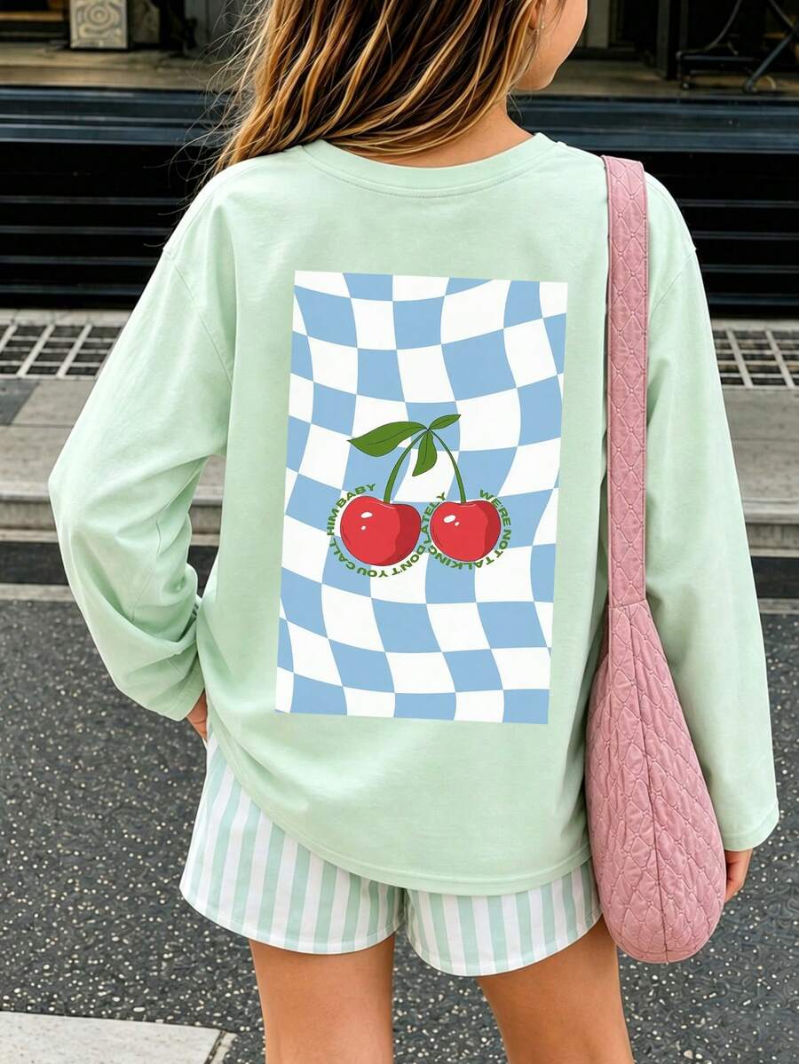 Tween Girl 1pc Printed Long Sleeve T-Shirt, Suitable For Girls' Autumn/Winter Top, Young Student Children's Clothing, Suitable For Outerwear And Layering - Mint Green - View 1