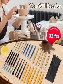 61Pcs Pottery Clay Sculpting Tools Set With Storage Bag Stainless Steel Wood Handle For Carving Modeling - Multicolor - View 3