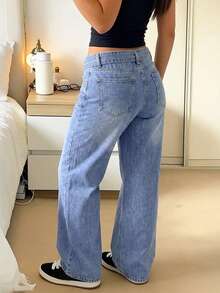 GILIPUR Women's High Waist Belt Decor Light Wash Wide Leg Denim Jeans, Casual Loose Fit Long Pants Fall - Blue - View 9