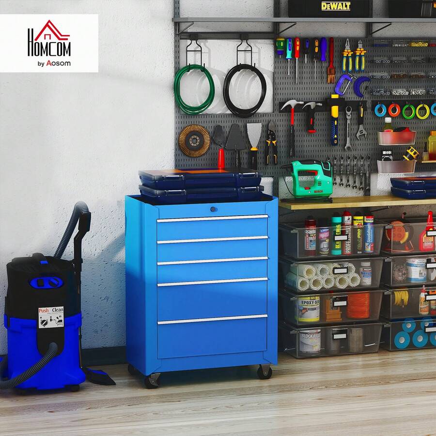 HOMCOM Workshop Trolley 5 Drawers Tool Cart Empty Lockable Blue | 4 Castors, 2 Locking Brakes, 2 Keys, Ball-Bearing Drawer Slides - 藍色 - 查看 1